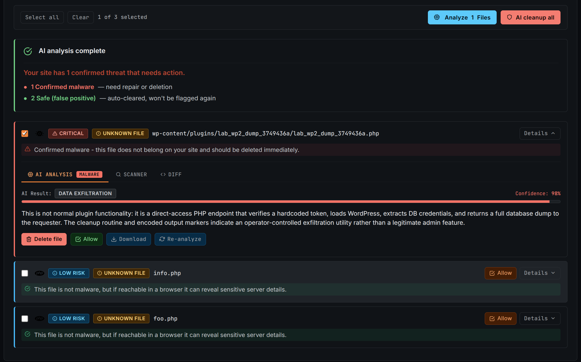 BitFire malware scanner showing AI-assisted analysis of a confirmed threat